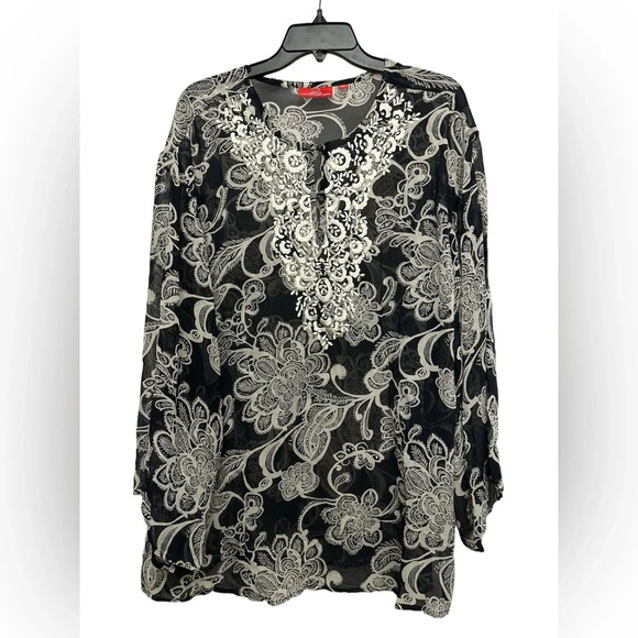 Oscar By Oscar De La Renta Silk Floral Tunic Embroidered Size 14 Black Sheer - Picture 1 of 5